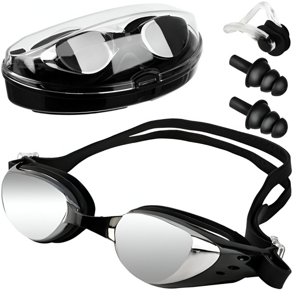Set de Inot, Ochelari Anti-Aburire si Protectie UV, Lentile Oglinda Polarizate, Dopuri Urechi Moi Ajustabile, Cleste Nas, pentru Profesionisti si Amatori, Marime Curea Reglabila 36-40 cm, Unisex, Carcasa Depozitare Inclusa, Negru