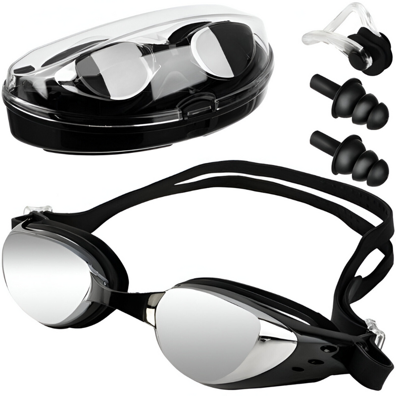 Set de Inot, Ochelari Anti-Aburire si Protectie UV, Lentile Oglinda Polarizate, Dopuri Urechi Moi Ajustabile, Cleste Nas, pentru Profesionisti si Amatori, Marime Curea Reglabila 36-40 cm, Unisex, Carcasa Depozitare Inclusa, Negru