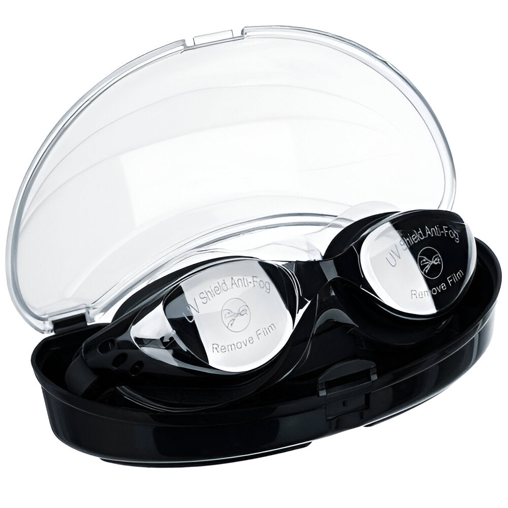Set de Inot, Ochelari Anti-Aburire si Protectie UV, Lentile Oglinda Polarizate, Dopuri Urechi Moi Ajustabile, Cleste Nas, pentru Profesionisti si Amatori, Marime Curea Reglabila 36-40 cm, Unisex, Carcasa Depozitare Inclusa, Negru