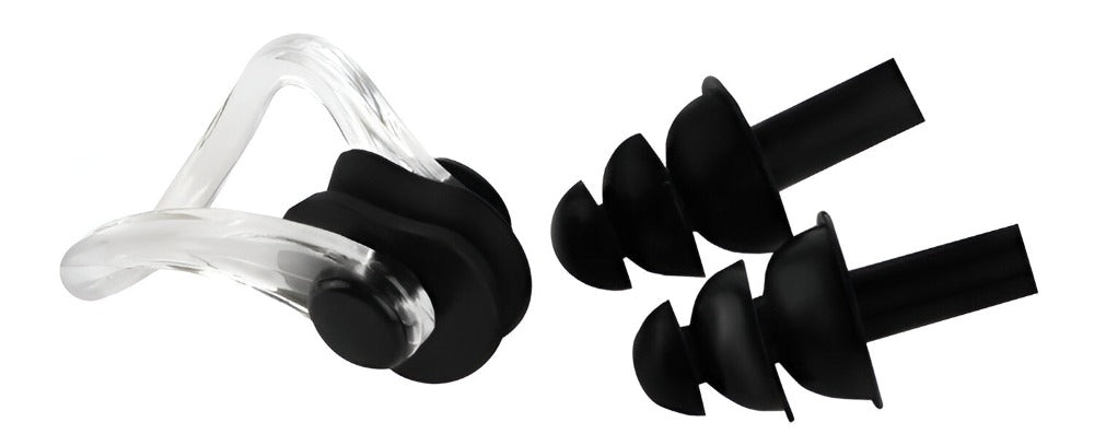 Set de Inot, Ochelari Anti-Aburire si Protectie UV, Lentile Oglinda Polarizate, Dopuri Urechi Moi Ajustabile, Cleste Nas, pentru Profesionisti si Amatori, Marime Curea Reglabila 36-40 cm, Unisex, Carcasa Depozitare Inclusa, Negru