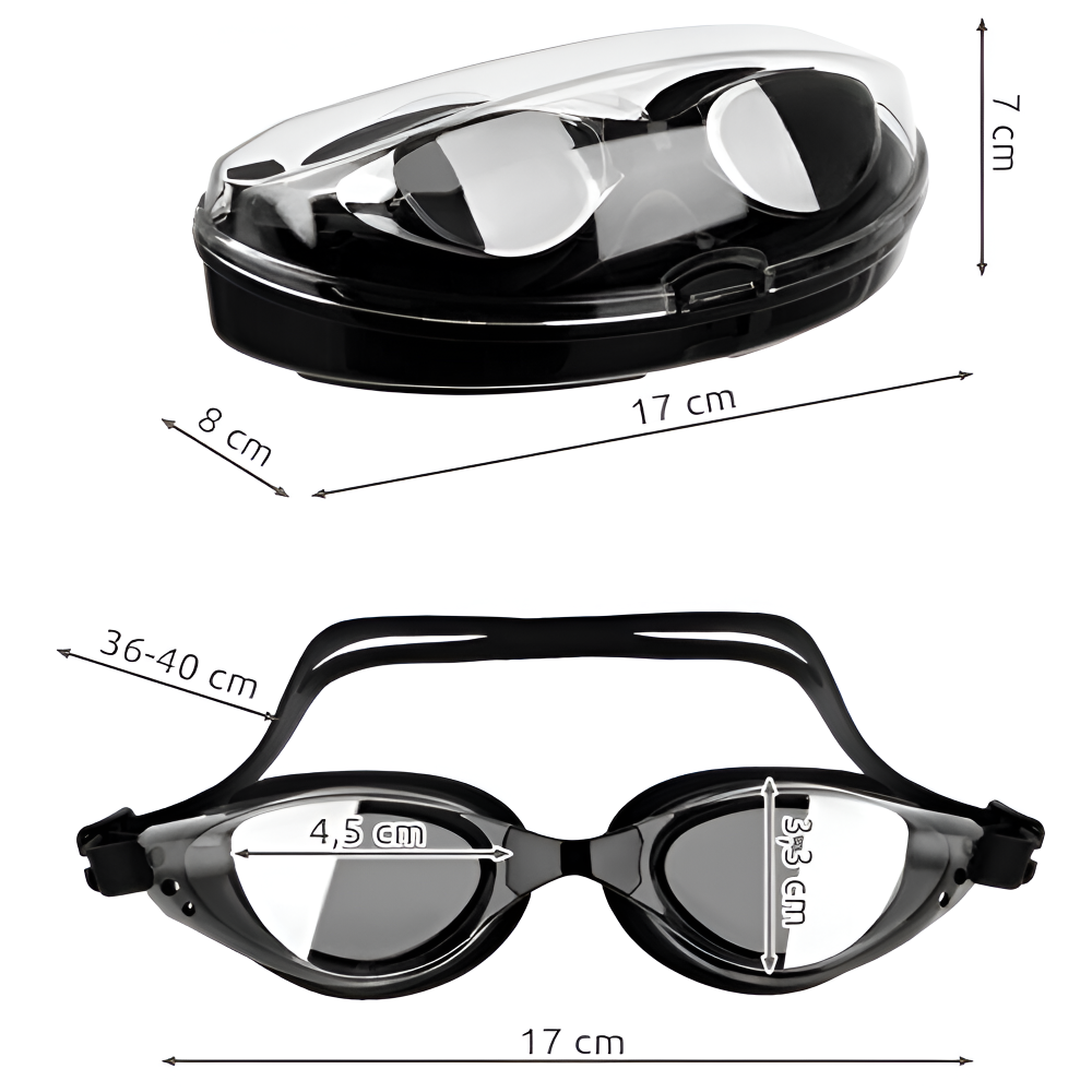 Set de Inot, Ochelari Anti-Aburire si Protectie UV, Lentile Oglinda Polarizate, Dopuri Urechi Moi Ajustabile, Cleste Nas, pentru Profesionisti si Amatori, Marime Curea Reglabila 36-40 cm, Unisex, Carcasa Depozitare Inclusa, Negru
