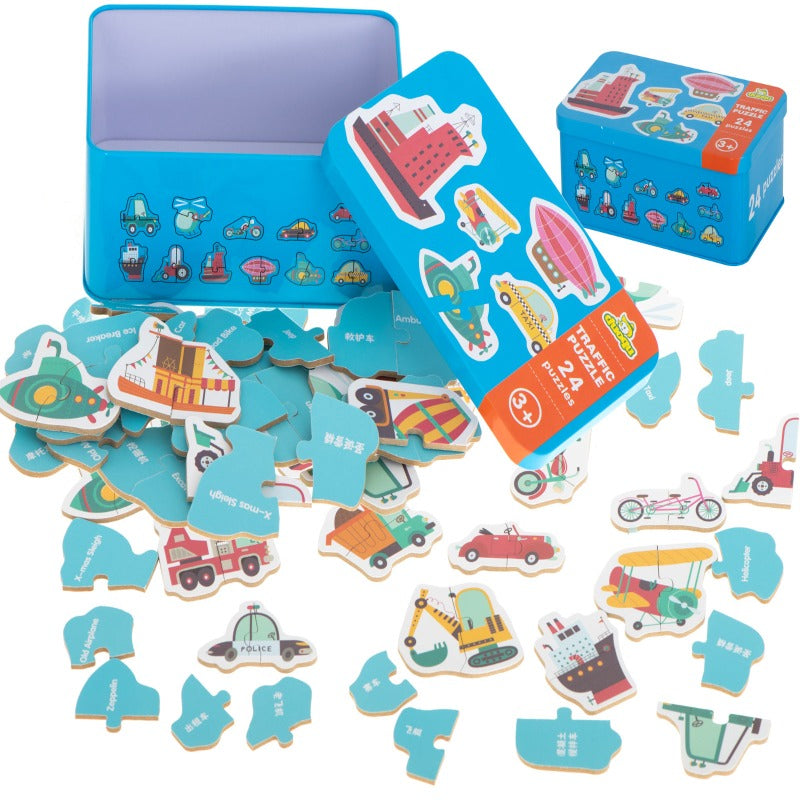 Puzzle din Lemn 24 de Piese model Vehicule in Cutie Metalica - Velixo