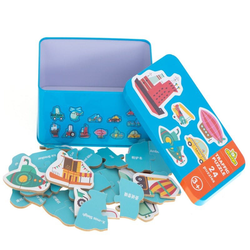 Puzzle din Lemn 24 de Piese model Vehicule in Cutie Metalica - Velixo