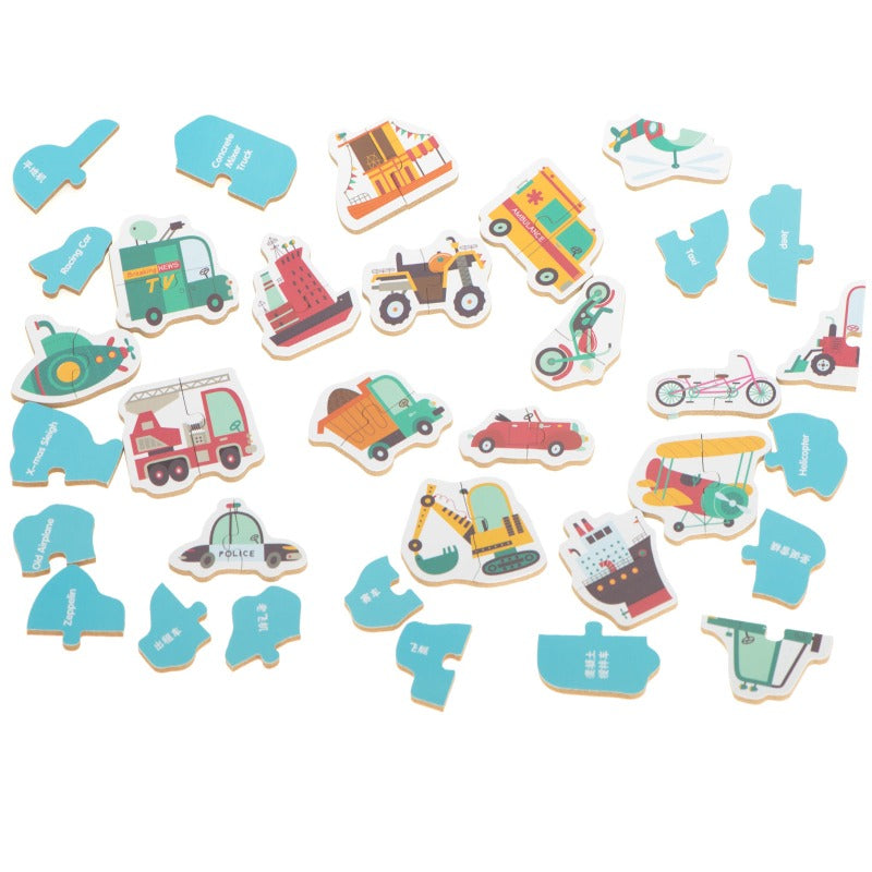 Puzzle din Lemn 24 de Piese model Vehicule in Cutie Metalica - Velixo