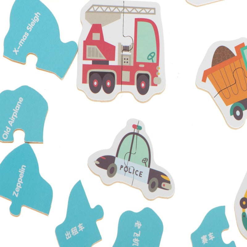 Puzzle din Lemn 24 de Piese model Vehicule in Cutie Metalica - Velixo