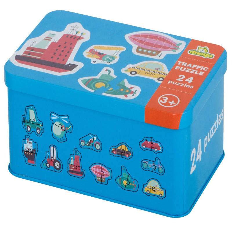 Puzzle din Lemn 24 de Piese model Vehicule in Cutie Metalica - Velixo